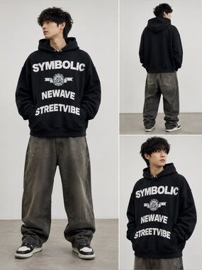 SYMBolic Oversized Streetwear Hoodie – Black Graphic Pullover – Size L